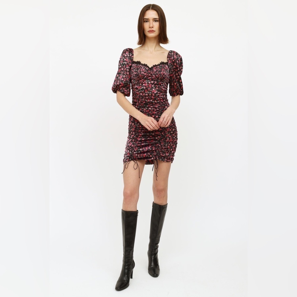For Love & Lemons Melrose Satin Black and Pink Ruche Mini Puff sleeve dress - Picture 2 of 16